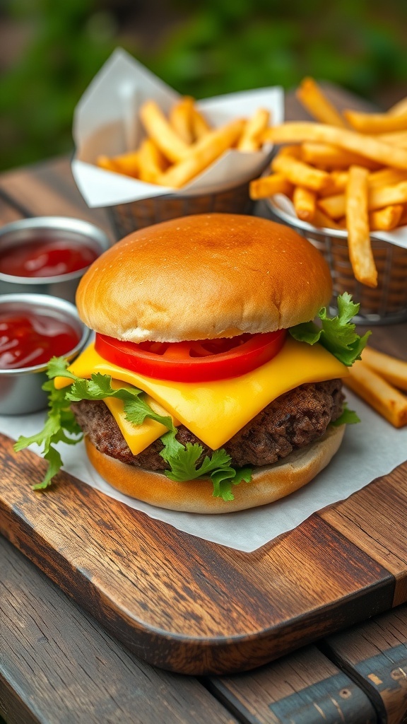 Classic Hamburger Recipe A classic hamburger with lettuce, tomato, and cheese on a toasted bun, served with fries.